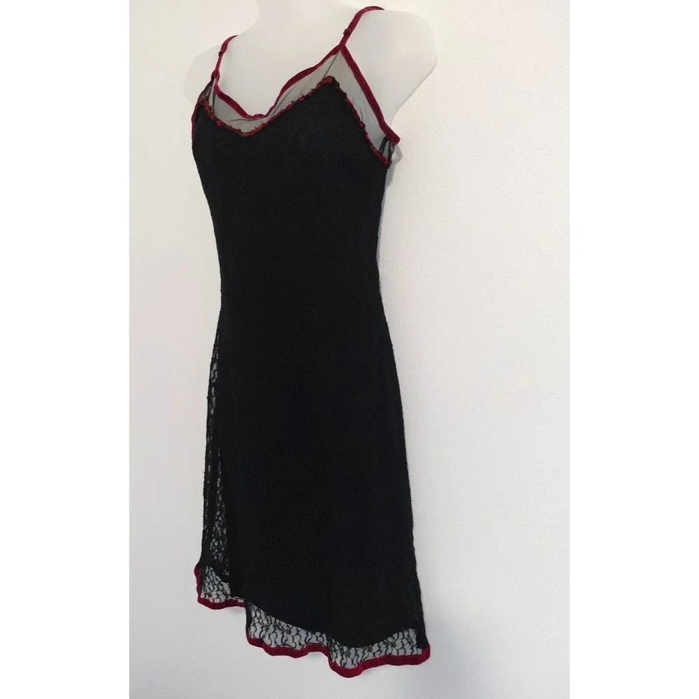 VTG Betsey Johnson Slip Dress Black Lace Rose Ditsy Neckline Velvet Trim Large - Picture 2 of 16